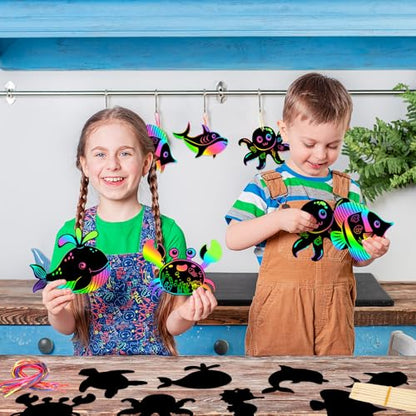 JULMELON 36 Pcs Ocean Crafts for Kids, Rainbow Scratch Art Party Favors - style: Ocean Crafts