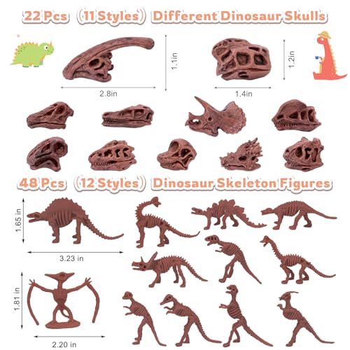 70PCS 3.7 Inch Dinosaur Bone for Sandbox Brown Dinosaur Fossil Skeleton Plastic Skull Dino Dig Toy Kit for Puzzle Game Sensory Bin Birthday Party Dino Scavenger Hunt Science Class Prize Cupcake - color: Brown