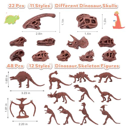 70PCS 3.7 Inch Dinosaur Bone for Sandbox Brown Dinosaur Fossil Skeleton Plastic Skull Dino Dig Toy Kit for Puzzle Game Sensory Bin Birthday Party Dino Scavenger Hunt Science Class Prize Cupcake - color: Brown