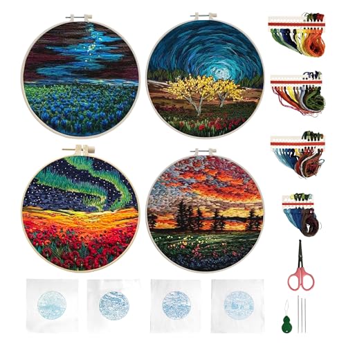 Maydear 4 Pack Embroidery Starter Kit with Pattern, Stamped Cross Stitch Kits for Beginners Adults with Embroidery Hoop and Instructions, Hand Embroidery Kit (Embroidery kit flower2)