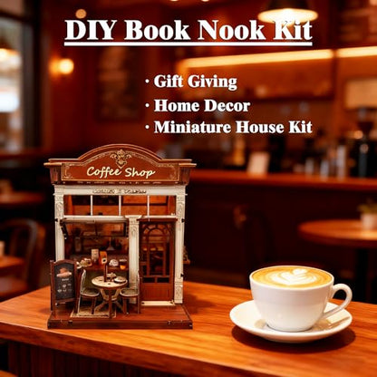 3D Wooden Coffee Shop Book Nook Kit - DIY Miniature Model with LED Lights, 143 Precision-Cut Pieces for Adults & Teens (1:24 Scale, Stress Relief Craft Gift) - color: Coffe Shop