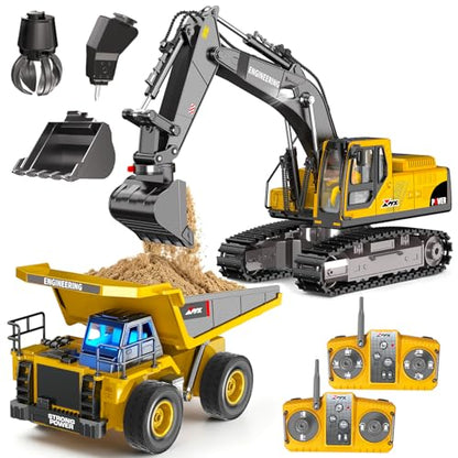 Remote Control Excavator and Dump Truck Toy Set for Kids, 2.4GHz RC Construction Vehicles with Light, Sound Effects, Metal Bucket, Claw and Drill Attachments, Engineering Truck Toys for Boys and Girls
