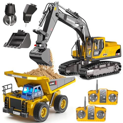Remote Control Excavator and Dump Truck Toy Set for Kids, 2.4GHz RC Construction Vehicles with Light, Sound Effects, Metal Bucket, Claw and Drill Attachments, Engineering Truck Toys for Boys and Girls