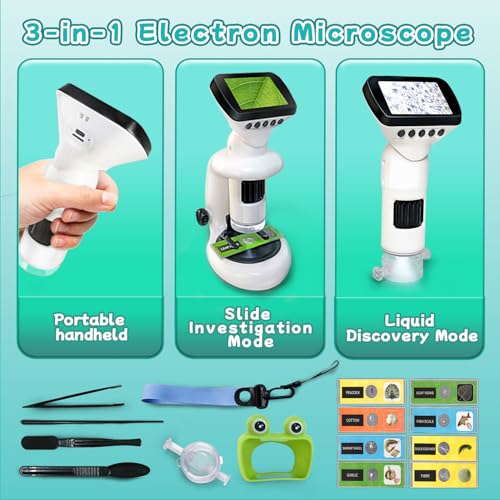 Microscope for Kids with 12 Slides, 200X-1000X,2.4" Screen Digital Handheld Kids Microscope Kit, Portable Pocket Removable Miniscope Science Toys Gifts for for 3 4 5 6 7 8 9 10 11 12 Year Old