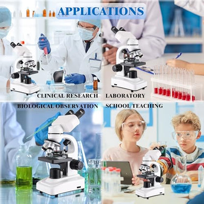 Binocular Microscope for Adults Kids Students, 64X-6000X Microscopes, 3 Objective Lens, Metal-Body Dual LED Illumination, Biological Compound Microscope Kit for School Lab, Homeschool - style: Microscope Kit - 1