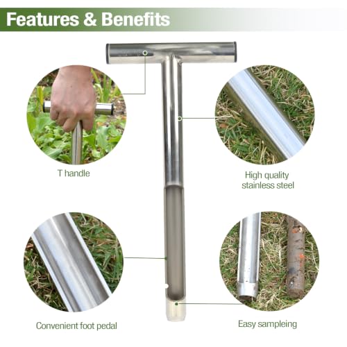 Soil Probe 16 Inch with 2 Bags, Soil Sample Probe for Lawn House Plants, T-Handle Soil Sampler Probe Rod, Stainless Steel Soil Test Kits Tool for Soil Sampling - size: 16"