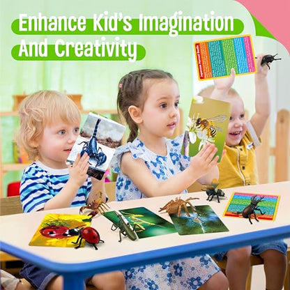12 PCS Plastic Insect Figurines with 12 Introduction Flashcards, Small Creature Learning Recognition Cards Realistic Bug Models Educational Learning Toy Set for Kids, Classroom - style: Insect Set (including cards)