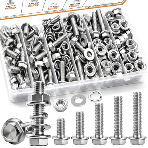 mankk 200PCS Flange Head Bolts Assortment Kit M8x1.25 Bolt (Length 16/20/25/30/35mm) Metric Bolt Stainless Steel Hex Head Bolts and Serrated Flange Nuts Kit Full Thread M8 Bolt - size: 200PCS M8, style: Flange Bolt