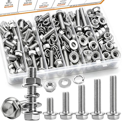 mankk 200PCS Flange Head Bolts Assortment Kit M8x1.25 Bolt (Length 16/20/25/30/35mm) Metric Bolt Stainless Steel Hex Head Bolts and Serrated Flange Nuts Kit Full Thread M8 Bolt - size: 200PCS M8, style: Flange Bolt