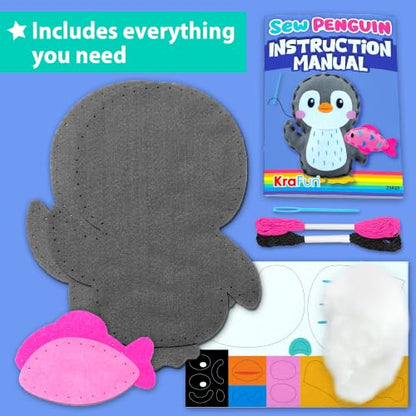 KRAFUN Beginner Sewing Kit, Sew Penguin & Fish, Pre-Cut Felt, Kids Ages 5+ - color: Penguin
