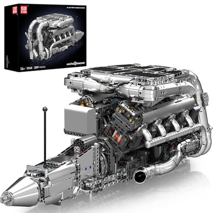 Mould King V8 Twin Turbo Engine Model Kit that Works - 2899+ PCS Build Your Own Visible Model Engine Kit for Adults with Motor and Battery, Building Blocks for Adults, DIY STEM Construction Toys - style: WX-10168