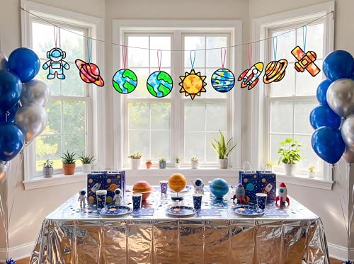 Renbuzhu 48PCS Solar System Space Paper Suncatchers DIY Project Kits, Back to School Window Stained Glass Effect Art Supplies for Party - style: space