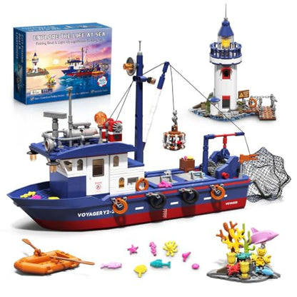 Fishing Boat & Light-Up Lighthouse Building Set, Compatible with LEGO Boat 777 PCS Sea Fishing Building Kit with Gear-Controlled Net, Rescue Dinghy and Coral Reef, Ocean Gift for Kids and Teens