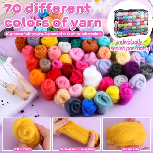 Lyksgir 70 Colors Needle Felting Kit, Wool Roving Set, Wool Felting Tool Starter Kit, for DIY Needle Feltings Beginners