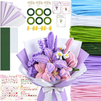 Anyeve 1800 PCS Pipe Cleaners Craft, Pipe Cleaner Flower Kit in 7 Colors, Chenille Stems Bouquets, Fluffy Pipe Cleaners, Ribbons and Flower Paper, Instructions for Easy Operation, DIY Enthusiasts - color: 1800PCS-7 Color