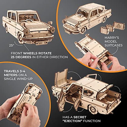 UGEARS Wooden 3D Puzzles for Adults - Flying Ford Anglia Harry Potter Puzzle 3D – Harry Potter Flying Car Building Kits for Adults DIY Model Kit with Spring Drive