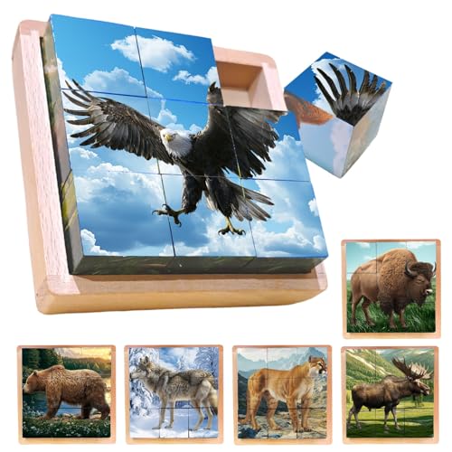 Wooden Cube Puzzle of Native North American Animals | Wooden Puzzles for Kids & Children Ages 3 4 5 6 7 8 - style: American wildlife