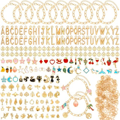 Flasoo 416 Pieces Gold Charm Bracelet Making Kit, Including Paperclip Chain Bracelets, Charms, Jump Rings for Jewelry Making