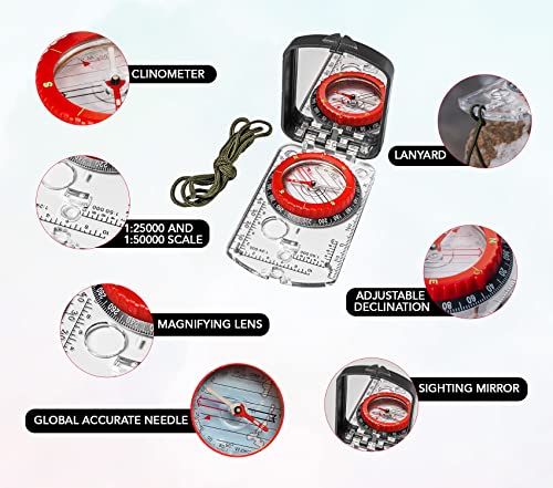 Boy Scout Sighting Compass - Adjustable Declination Mirror, Compass Base Plate, Orienteering & Hiking Navigation - Military Grade, Backpacking & Camping Tool