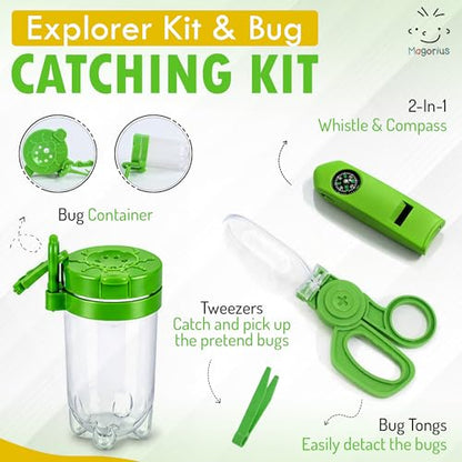 I Wonder' Explorer Kit for Kids - 9 Piece Adventure & STEM Outdoor Set with 3-in-1 Compass, Binoculars, and Butterfly Net - Educational Gift for Boys and Girls