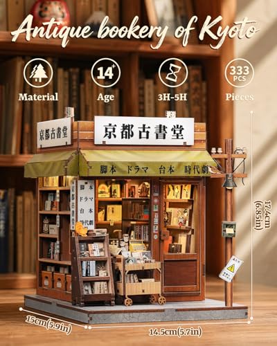 Book Nook Kit for Adults, DIY Miniature Dollhouse Kit with LED, 3D Wooden Puzzle Model Building Kit, Craft Gifts for Adults and Teens (Antique Bookery of Kyoto) - color: Antique Bookery of Kyoto