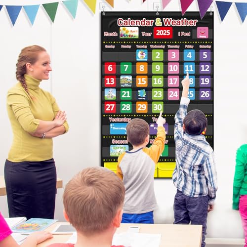 Calendar and Weather Pocket Chart for Kids Learning, Large 44.5”x28” Homeschooling Calendar Pocket Chart with 113 Cards, Teacher and Back to School Supplies - color: Black
