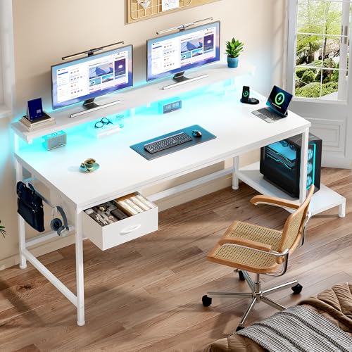 DurayLoly 39.3" Computer Desk with Power Outlet & Fabric Drawer,White - color: White, size: 39.3 IN
