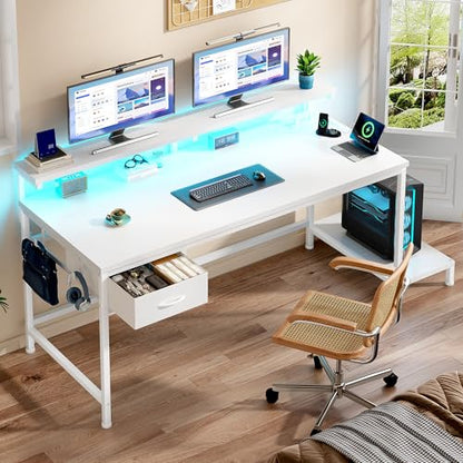 DurayLoly 39.3" Computer Desk with Power Outlet & Fabric Drawer,White - color: White, size: 39.3 IN