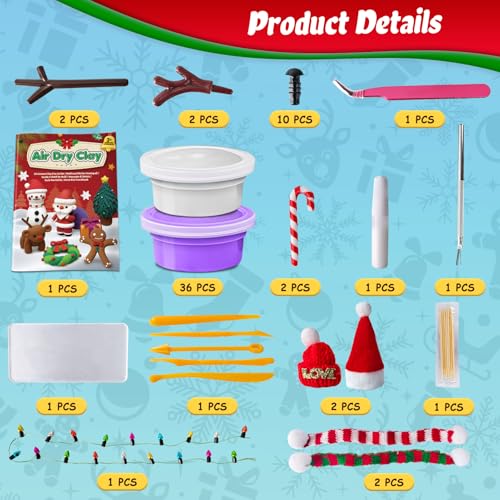 ESSENSON Air Dry Clay Christmas Crafts Kit, 36 Colors DIY Modeling Clay Craft Set with Accessories, Christmas Stocking Stuffers for Kids, Xmas Gift for Girls Boys