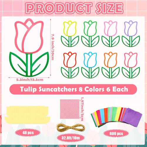 DoubleFill 48 Pcs Tulips Suncatchers Kits DIY Summer Stained Glass Effect Tissue Paper Kits Bulk for Window Decor Ornament Home Art Activities - style: Tulips