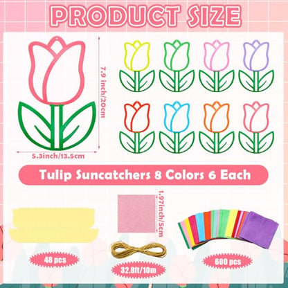 DoubleFill 48 Pcs Tulips Suncatchers Kits DIY Summer Stained Glass Effect Tissue Paper Kits Bulk for Window Decor Ornament Home Art Activities - style: Tulips