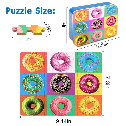 LELEMON Puzzles for Kids Ages 4-6, 60 Piece Puzzles for Kids in Metal Box - color: 9 Piece Donut