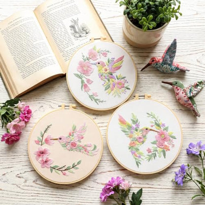 Mindsoft 3 Set Needlepoint Kit for Beginners with Hoop,Flower Hummingbird - style: Flower Hummingbird