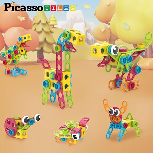 PicassoTiles 115 Piece Building Blocks Set Kids STEM Toy Construction Engineering Sensory Toys Kit Block Children Early Education Playset with FREE IdeaBook, Clickable Ratchet Age 3+ Boys Girls PTN115 - color: 115pcs Transformation