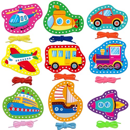 SpriteGru 9 Pieces Kids Lacing Cards, Double Sided Vehicle Sewing Cards with 9 Colorful Laces, Imagination Development Lacing Toys Games for Children Educational and Learning Activity - color: Vehicle-B