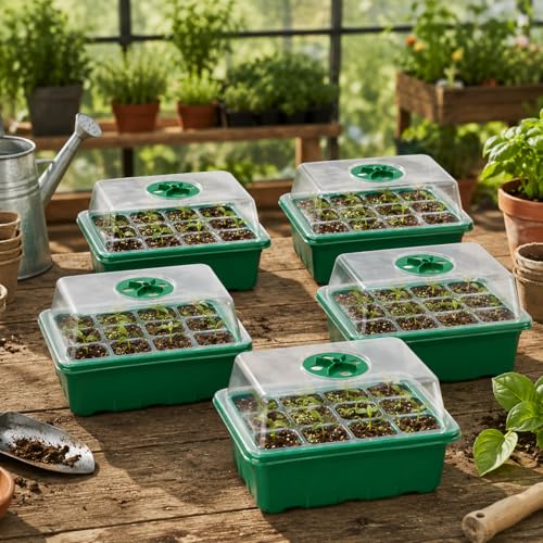 5 Pack Seed Starter Trays with Humidity Dome and Base, 12 Cell Seedling Germination Kit, Adjustable Vent Plant Growing Trays for Indoor Greenhouse, Garden and Hydroponic Seed Starting