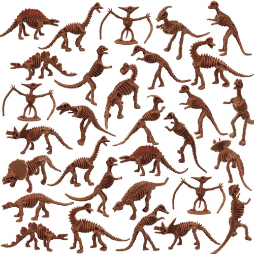 30 PCS Dinosaur Fossil Skeletons, Assorted Dinosaur Skeleton Toys Figures for Science Play Dino Sand Dig Party Favor Decorations - style: Brown