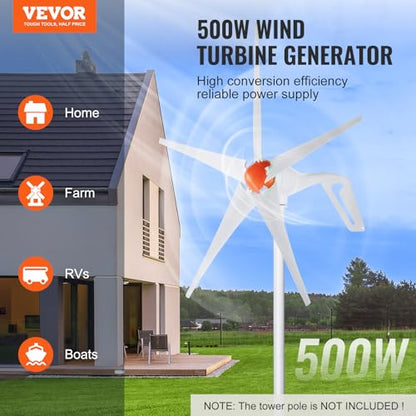 VEVOR 500W Wind Turbine Generator, 12V Wind Turbine Kit, 5-Blade Wind Power Generator with MPPT Controller, Adjustable Windward Direction & 2.5m/s Start Wind Speed, Suitable for Home, Farm, RVs, Boats - style: 12V 500W 5-Blade