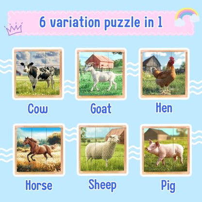 6-in-1 Wooden Animal Puzzle – Montessori Cube Toy for Kids – Realistic Farm Animals Educational Wood Blocks for Children Ages 3 and Up - style: Farm Animals