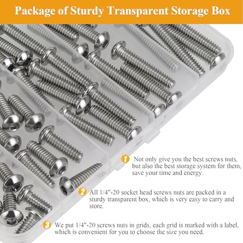 57 Pieces 1/4-20 x 1/2", 3/4", 1", 1-1/4", 1-1/2", Button Head Socket Cap Screws Nuts Assortment Kit - size: 1/4"-20, style: Button Head Socket Cap