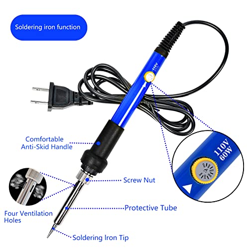 Soldering Iron Kit, 60W Adjustable Temperature, Digital Multimeter, 5pcs Soldering Tips, Wire, Stand, Desoldering Pump, Solder Wick, Tweezers, Welding Tool - color: Blue