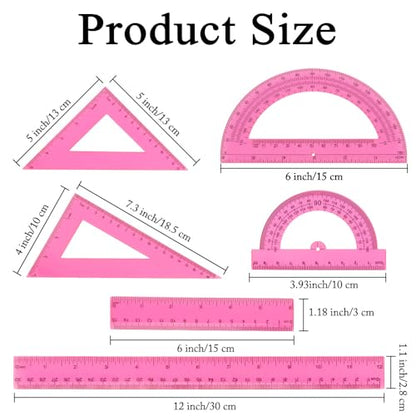 Plastic Clear Ruler Math Set, 6" | 12" Straight Ruler Protractor, 2 Protractors 180 Degree 2 Triangle Rulers 45 | 60 Degree 2 Straight Rulers Measuring Tool for School Office Home Supplie,Pink - color: Pink