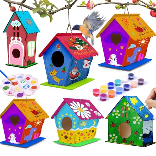 hapray 6 Pack Bird House Crafts for Kids Ages 5-8 8-12, Buildable DIY Birdhouse Kit for Children to Build, 3+ Summer Arts and Craft Projects with Paint, Boy Girl Gift Christmas