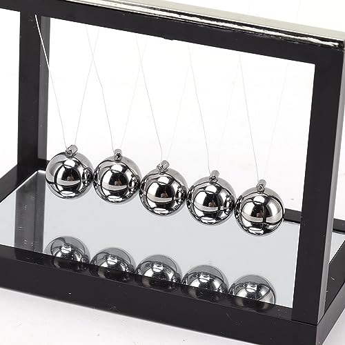 Newtons Cradle with 5 Stainless Steel Balls & Mirror Base - Classic Physics Pendulum Swing Balance Ball, Science Desk Decor for Office Home Decoration, Stress Relief Gift
