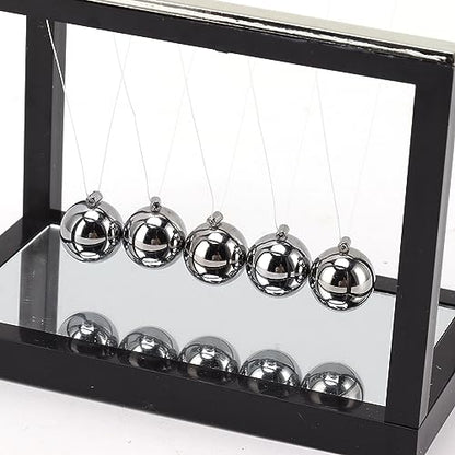 Newtons Cradle with 5 Stainless Steel Balls & Mirror Base - Classic Physics Pendulum Swing Balance Ball, Science Desk Decor for Office Home Decoration, Stress Relief Gift