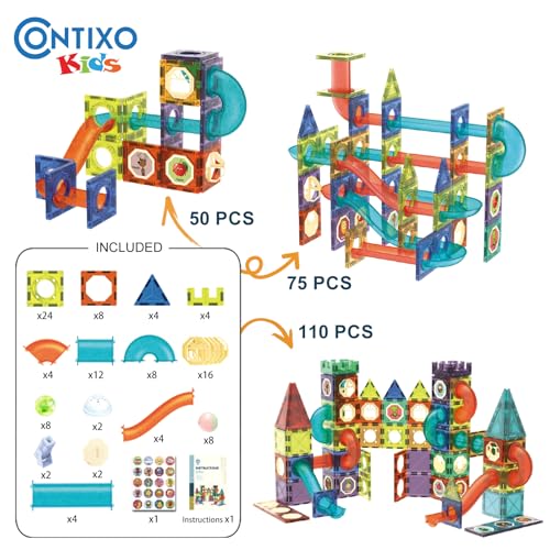 Contixo STEM Building Toys - 110 pcs Marble 3D Magnetic Run Tiles Learning Stacking Educational Building Blocks Set, Creativity Beyond Imagination, Inspirational, Recreational Toy for Kids - style: STEM-110pcs