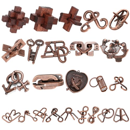 24 Pcs Brain Teaser Puzzles for Adults Teens - Metal Puzzles 3D Puzzle Game Toys for Adults Teens - Wooden Unlock Interlocking Puzzle Adult IQ Education Smart Toys - style: 24 PC