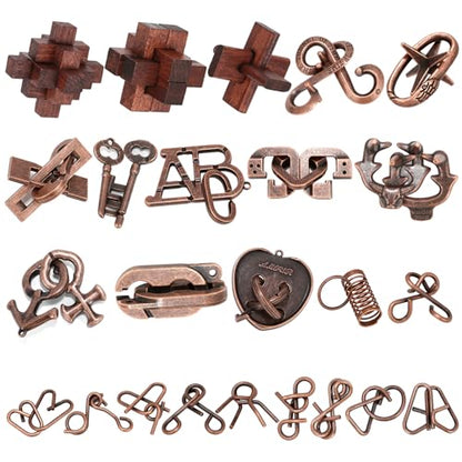 24 Pcs Brain Teaser Puzzles for Adults Teens - Metal Puzzles 3D Puzzle Game Toys for Adults Teens - Wooden Unlock Interlocking Puzzle Adult IQ Education Smart Toys - style: 24 PC