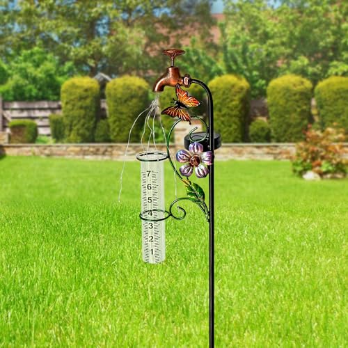 37in Solar Butterfly Rain Gauge Copper Faucet Metal Garden Stake Decor - color: Bronze Faucet