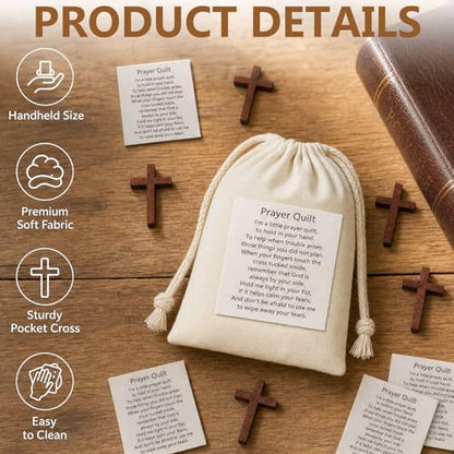 50Pcs Pocket Prayer Quilt Labels Bulk with Mini Wooden Cross Baptism Favors